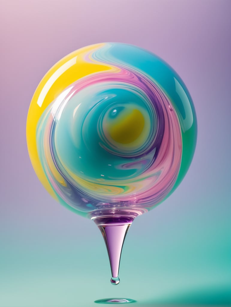 a singular object, floating in mid air, trippy, looks like a ball of liquid porcelain, gloss, shine, otherworldly, nature, photorealism, y2k, rave, plain light blue colour background, light green, pinks, purple, yellow