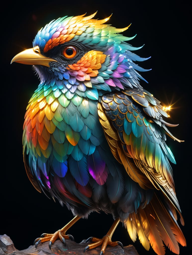 iridescent bird: A bird with feathers that sparkle like tiny diamonds, reflecting all the colors of the rainbow. Its long tail leaves a trail of shimmering light behind it. Wings with bold patches of color like an abstract painting. Its eyes shine like two small lanterns. Black night sky, glowing stars . Crystal iridescence. Gold. Metal. High contrast. pastel colors. Precise details. HD. 8K. Volumetric lighting"