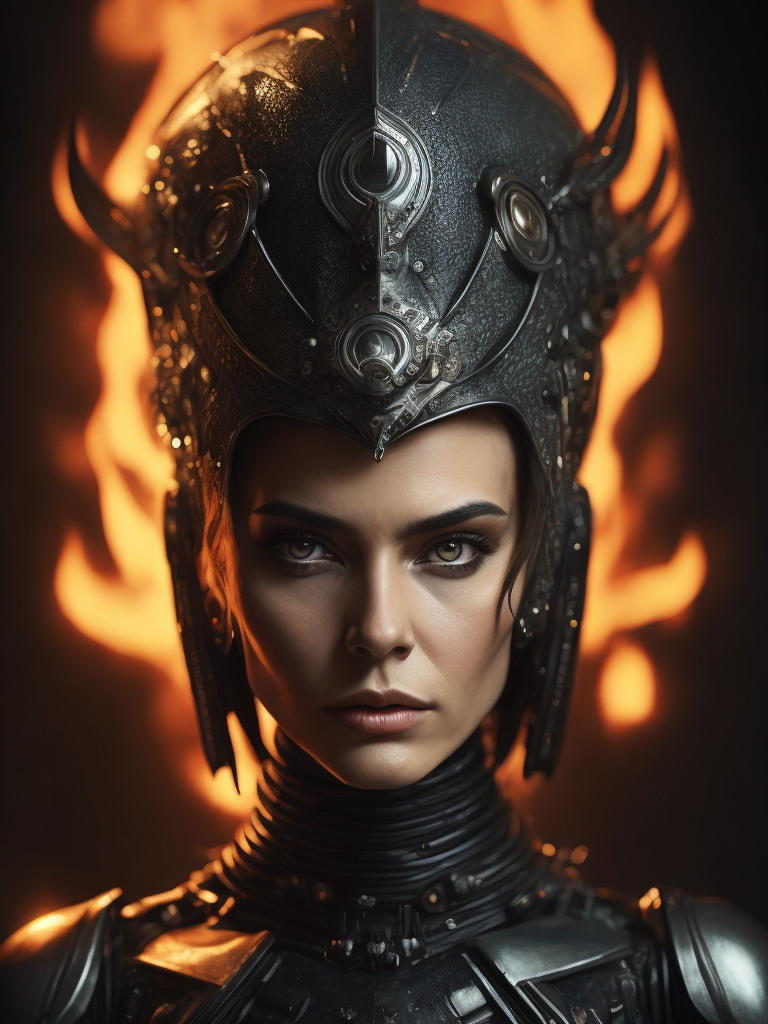 A witch with robotic implants on face and body very intricate sharp focus, dark art, dramatic lighting, style image hr giger, darkness ratio, fire background, fairytale and high fantasy, pretty face, mystical, mythical, magic, fantasy, perfect hands, perfect eyes, esoteric, mystical, cg, best quality masterpiece, dslr with a 200mm lens, greg rutkowski, 45 degrees, --s100, ultra realism, realistic photograph, hyperdetailed, very sharp, sharp focus, realistic details, professional, directed by ridley scott