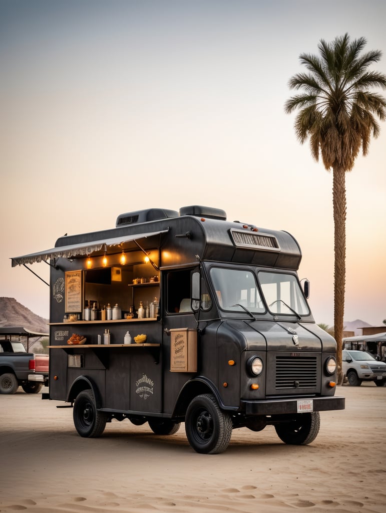 Side view of a small dark grey vintage mexican food truck in the middleof a desert, soft light, muted colors, A summer festival in the far away in the background