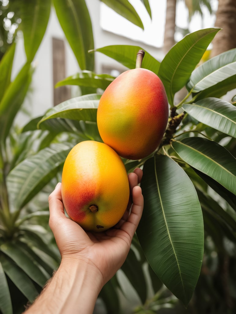 a hand holds a mango with a tropical flowers