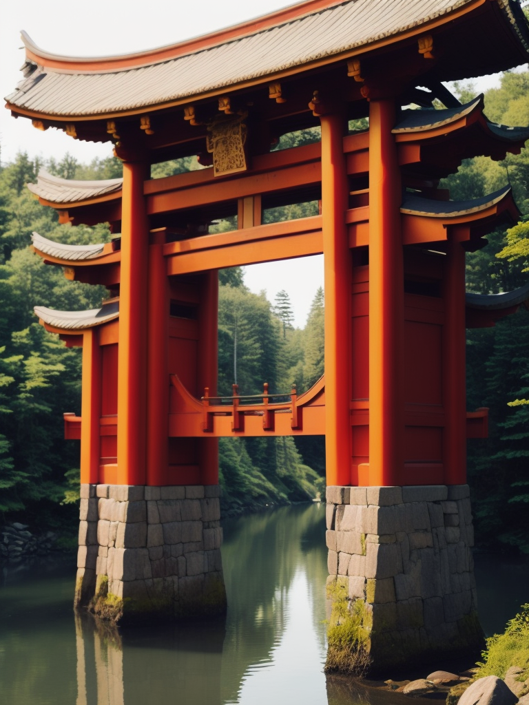 Red torii gate in middle of a lake, Dense forest on the edge of the lake, Bright and saturated colors, Japanese culture, photorealistic, contrast light