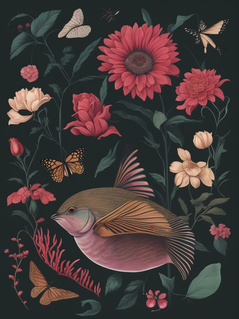art gallery ephemera artworks by liao lan, in the style of surrealist collage, digital mixed media, maria sibylla merian, exaggerated anatomy, dark pink and cyan, marine biology-inspired, henri rousseau