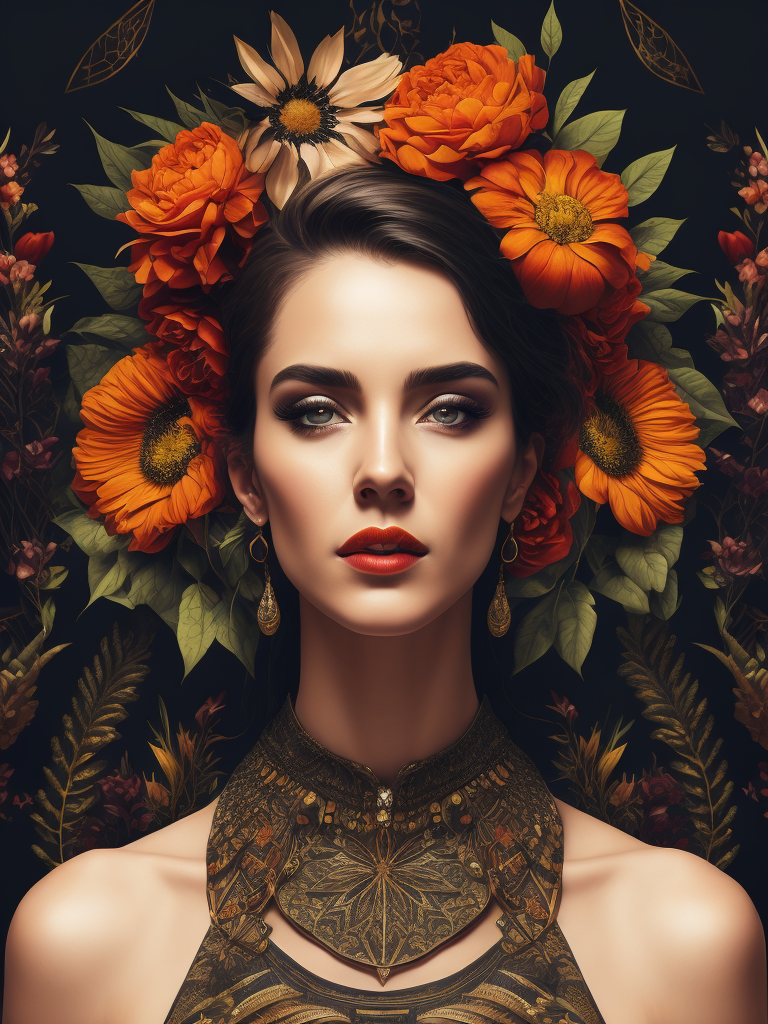 A collage of a woman with a head of vibrant, blooming flowers, her face turned to the side, a mix of vintage botanical illustrations and modern geometric vector shapes in the background