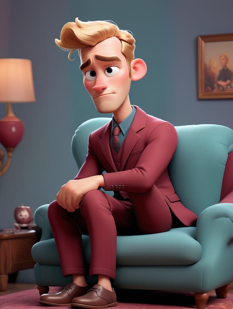 Bel homme européen blond de 25 ans en costume trois pièces de couleur bordeaux assis sur un fauteuil de manière suggestive, manches retroussées, sans chaussures