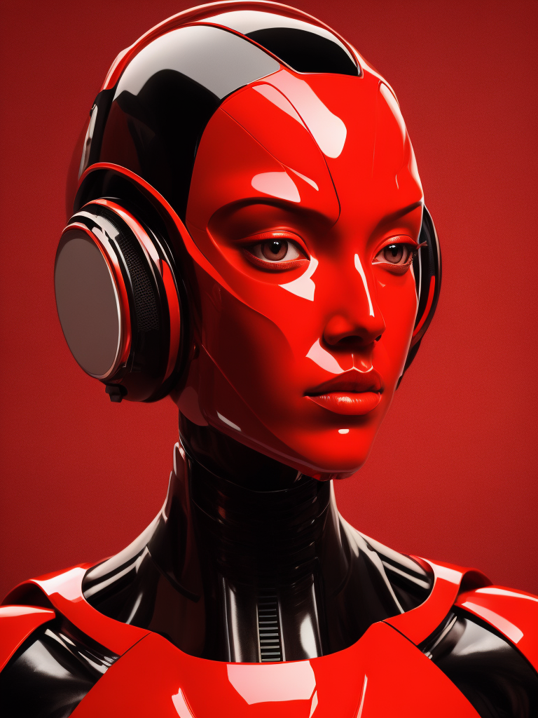 Portrait of an android girl made of red glossy material, sharp highlights, red background, Vivid saturated colors, Contrast color