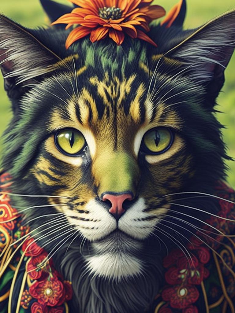 Envision a hyper-realistic, high-resolution image capturing a unique sight: a hippie cat with a beard. The cow is adorned with symbols of peace and love, its fur patterned with vibrant, psychedelic colors. A thick, shaggy beard hangs from its chin, adding to its unconventional appearance. The cat stands in a lush, green pasture under a clear blue sky, embodying the free-spirited ethos of the hippie movement. The colors should be a mix of the natural hues of the cow and the pasture, contrasted with the vibrant colors of the hippie symbols. The composition should be a mid-shot, focusing on the cat and its unique features.