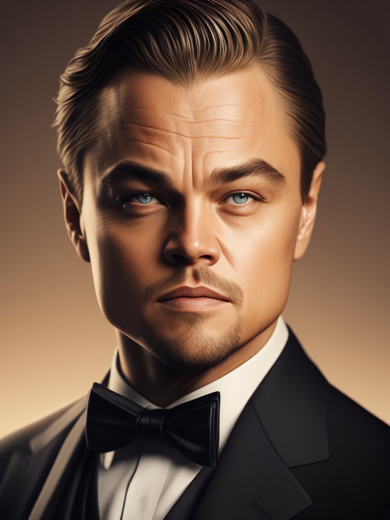 Portrait of Leonardo DiCaprio in a bow tie tuxedo, contrasting light, detailed face,