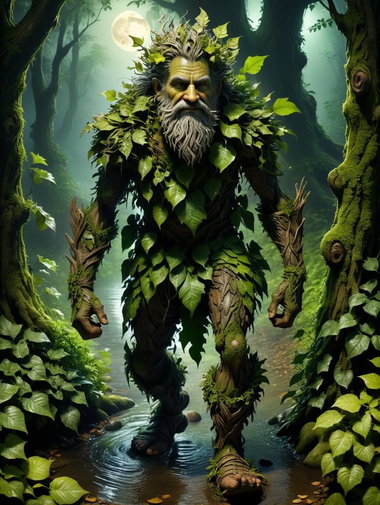 A small wood spirit dressed in ragged clothes made of leaves and bark, untidy hair, straggly beard, green skin and friendly faces walking, in a dark English wood at night. The only light coming from a silver moon. Sandals on his feet made of ivy. Standing beside a small pool of water. Surrounded by bushes.