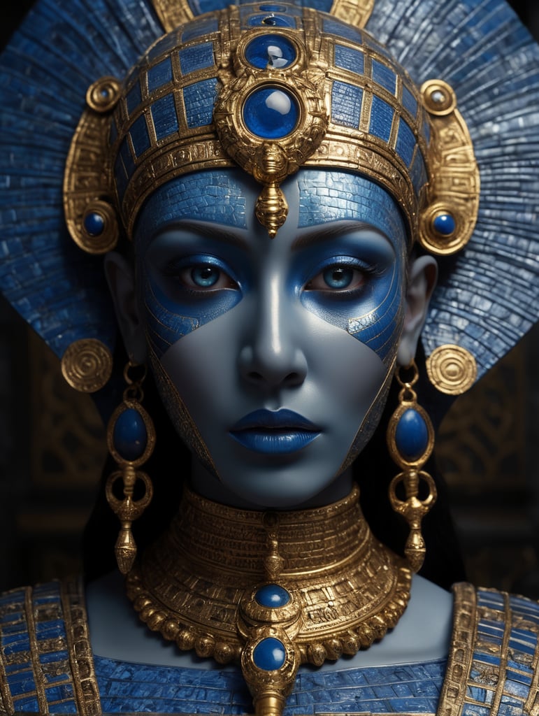 mythology goddess creature with Tutankhamen mask made of azulejo’s white and blue, gothic, gold, Neoclassical, elegant, beauty, antique classical, masterpiece, Canon50, Beautiful Lighting, Sad, highly detailed, detailed facial features, unreal engine, very detailed eyes, symmetrical eyes, mythology