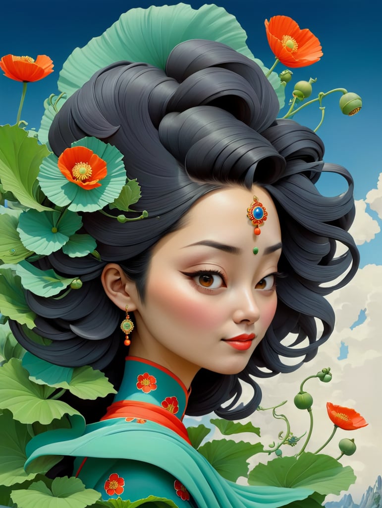 Hiroshi Nagai, ultrafine detailed painting of a woman with a n opium poppy flower in her hair, whimsical, detailed painting