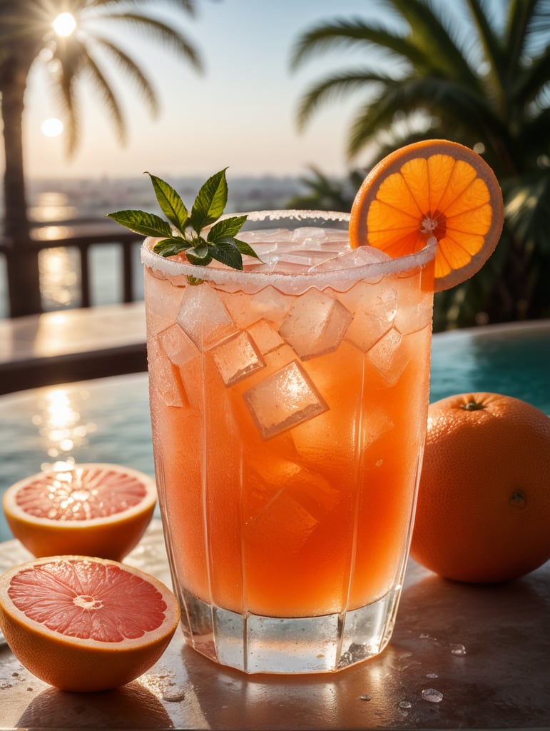 Grapefruit juice cocktail, with ice cubes in the glass and a salt rim, amazing photo, very realistic, elegant and tasty, photography, condensation, f2.8, 50mm lens, intricately detailed, 8k, cinematic production, highly detailed, highly realistic, sunny mexico in the background