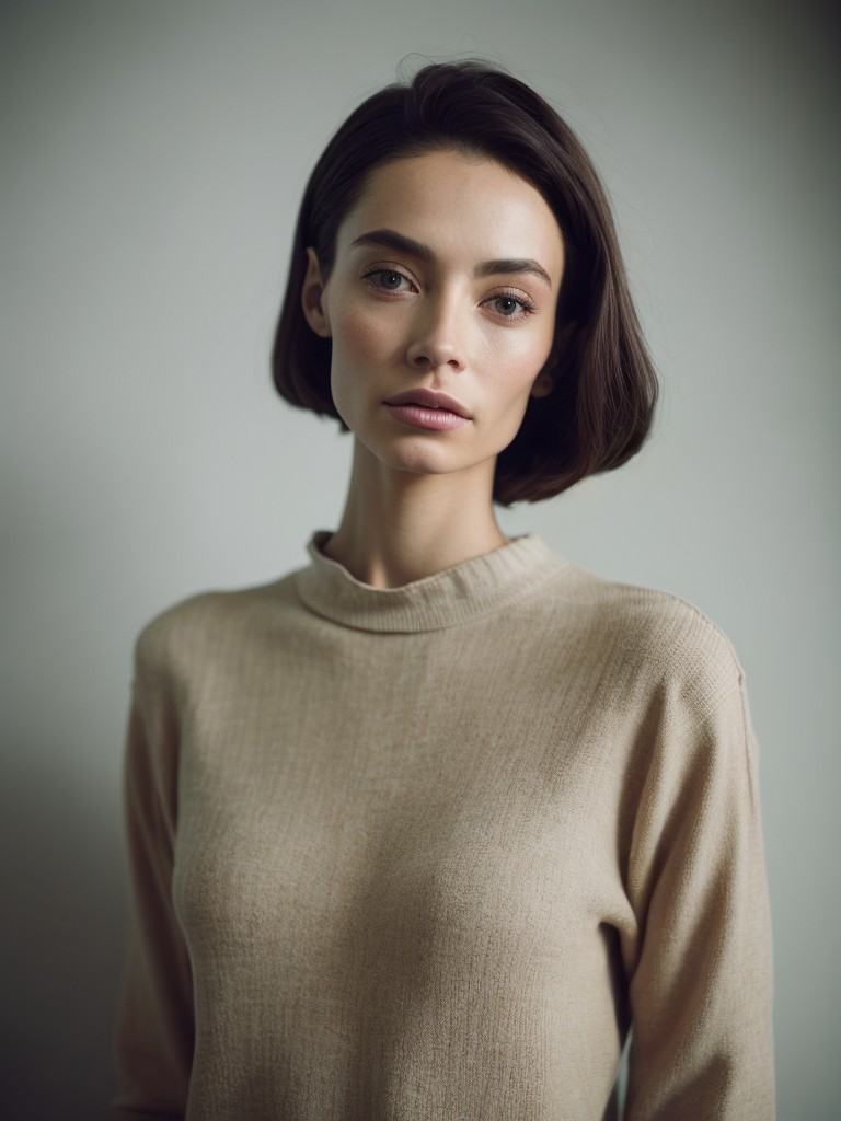 Portrait of twenty years old girl, tight-fitting figure, slim and skinny, thin knitted sweater and narrow tight trousers, 1964 year, sixties, light and pastel colours, 8k, kodak film colour, 50mm lens, fujifilm, sharp focus