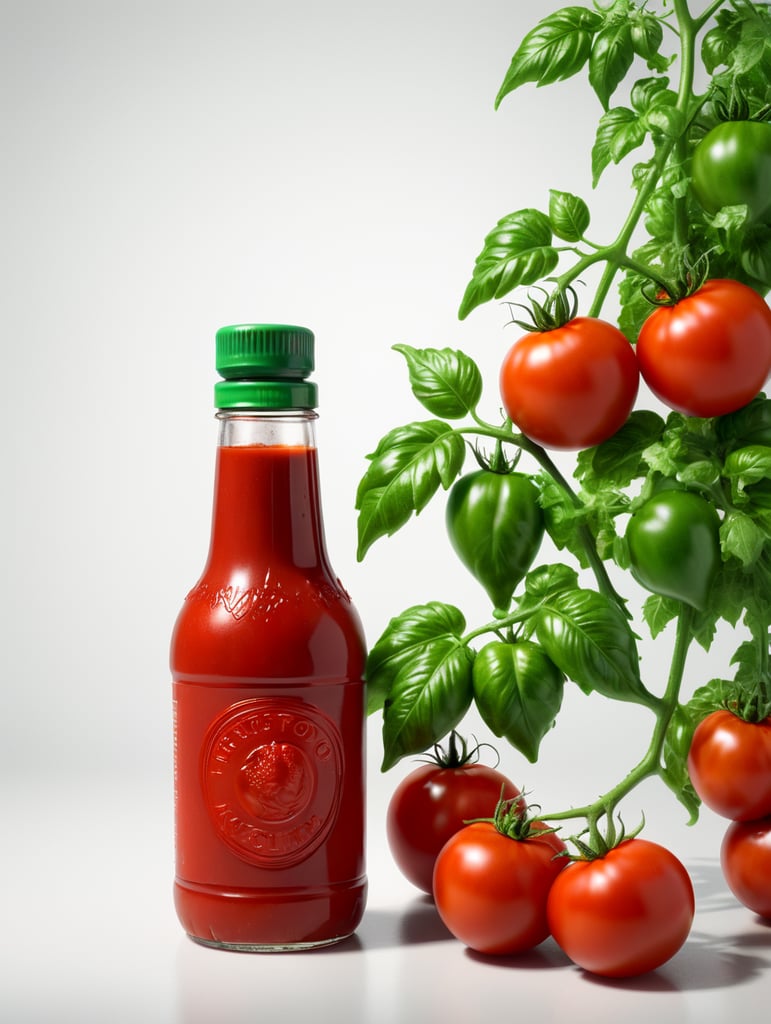 tomato ketchup bottle, red tomato with green leaves, isolated, white background