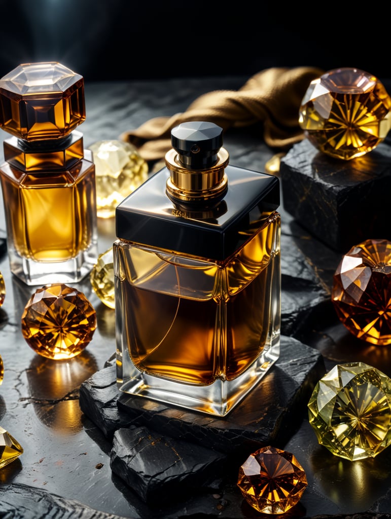 professional photography of a luxury perfume, square bottle, surrounding an amber gems, yellow satin scarf on a background, no label, clear, mockup