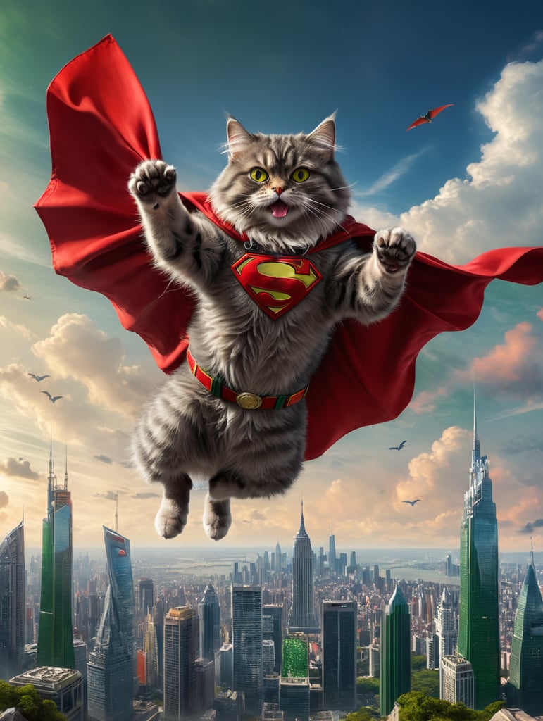 grey siberian cat, with a red cape, flying in the sky, red glasses, in a city, green eyes, he is doing the pose of superman in the sky, has abs, big muscels is smiling