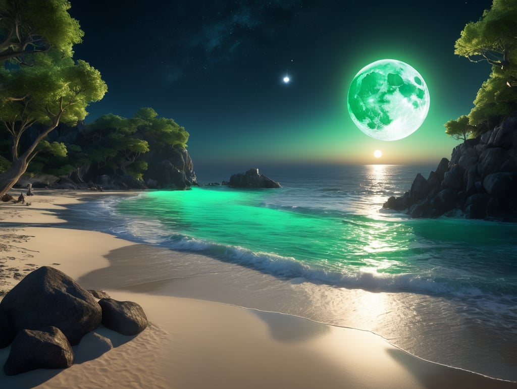 **At night sky, the beach is covered with blue and green fluorescence, the huge moon, elf light, stars, facula, the sea with fluorescence, the shining golden beach, the starry sky with moonlight, Michael james Smith's matte painting, reflection, cg rendering, volume light, space art, bioluminescence, unreal engine 5, magic of light, unreal engine rendering, super wide angle, super wide angle, high definition**