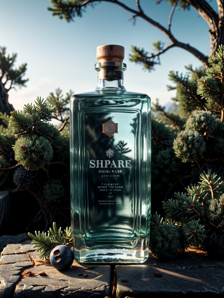 professional photography of a square gin bottle, square bottle, surrounding a juniper and juniper berries, one shot of gin in a front, no label, clear, mockup