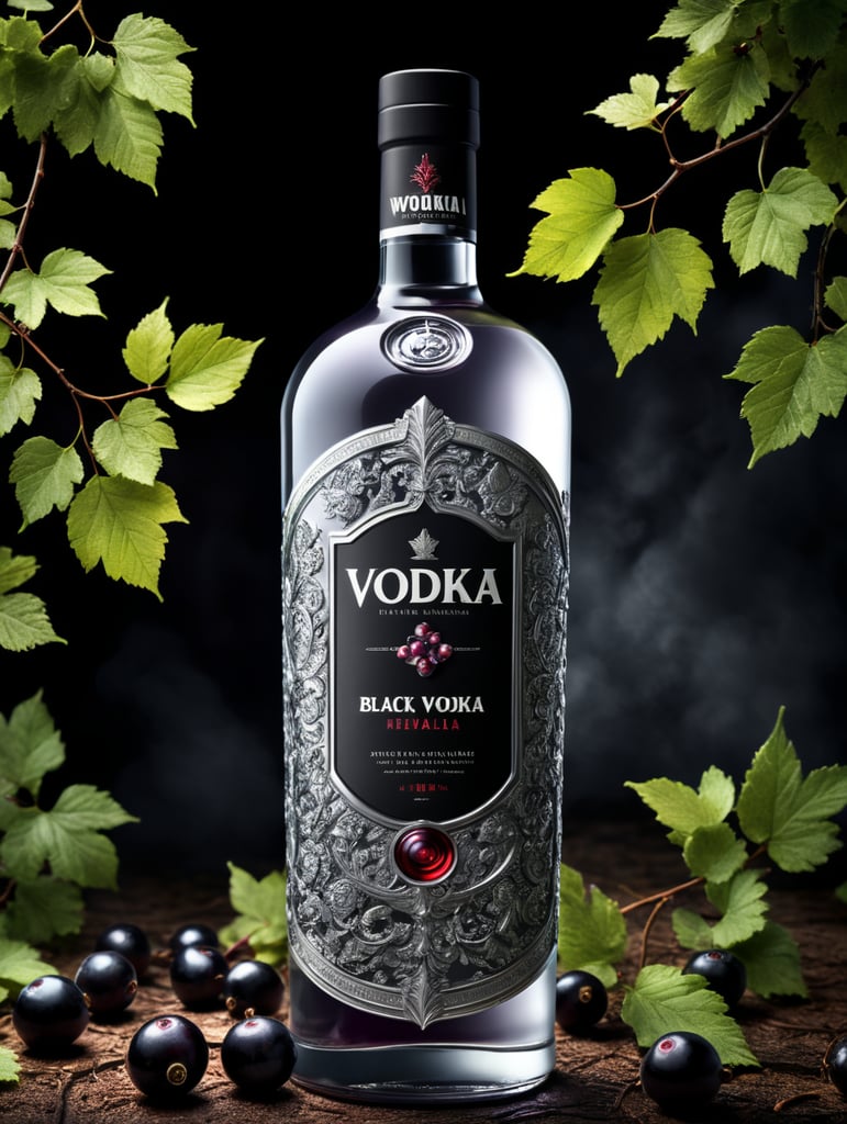 Packaging and branding for a vodka brand as if it had been designed by HI ESTUDIO with In a set design with bricks, black currant and dry leaves.