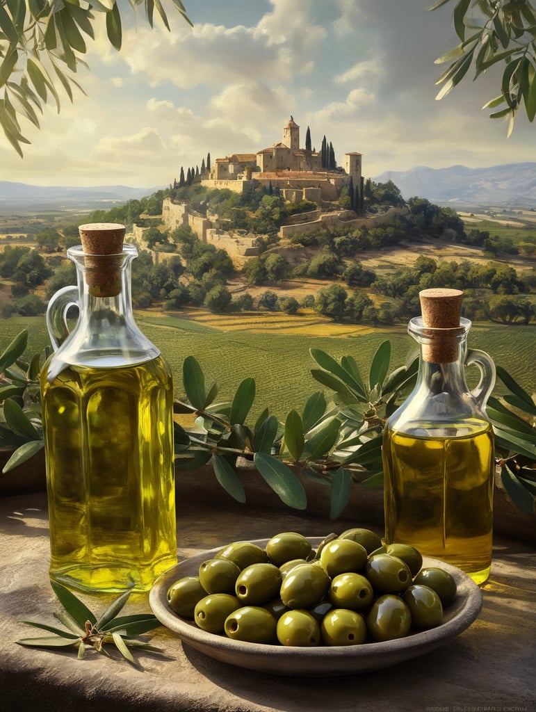 olive oil scene. green olives drizzled with oil and transparent bottles filled with olive oil. The olives should have the right texture, with a backdrop of an olive field with an ancient castle on the horizon.