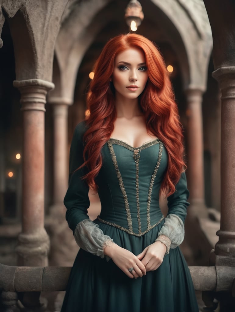 Beautiful woman with red hair in an enchanted castle