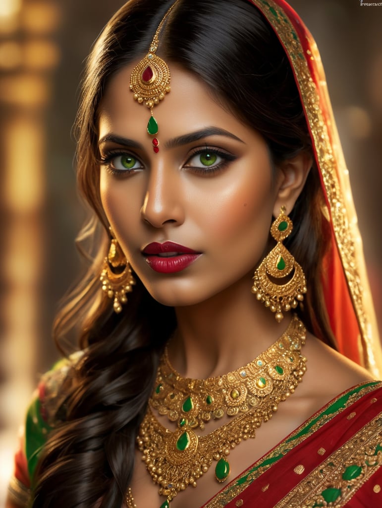 Indian Tamil girl, rich beautiful sari, bright makeup, golden jewelry, long brown hair, green eyes, red lips.