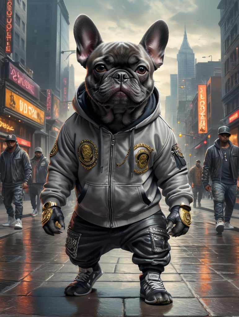 Gray French bulldog in hip hop clothing in a city