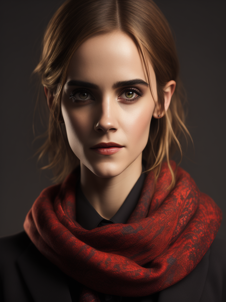 Portrait of Emma Watson wearing black blouse with red scarf, ultra realistic