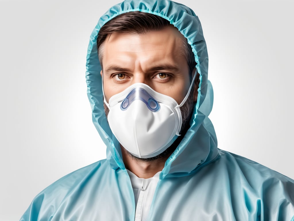 A realistic photo of a man wearing medical protective suit, isolated, white background