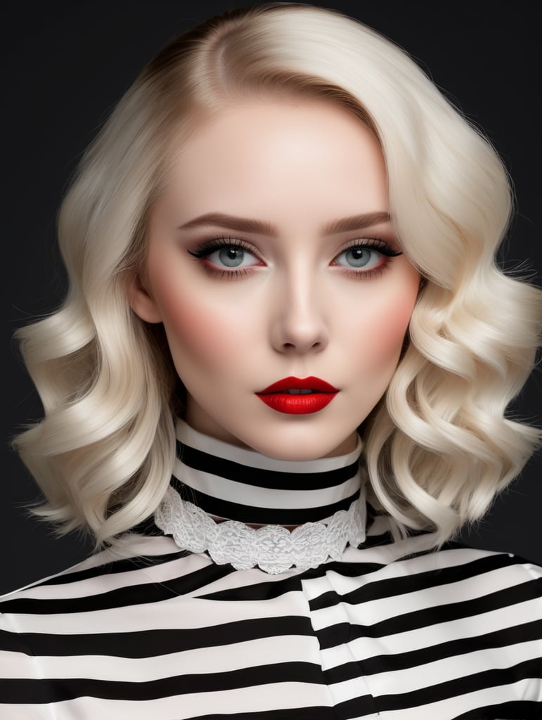 Pale-skinned girl model, wearing a black and white striped dress with a high collar, contrast lighting, Bright red make-up, Black and white curly long hair, fashion model, magazine cover, professional shot, black background