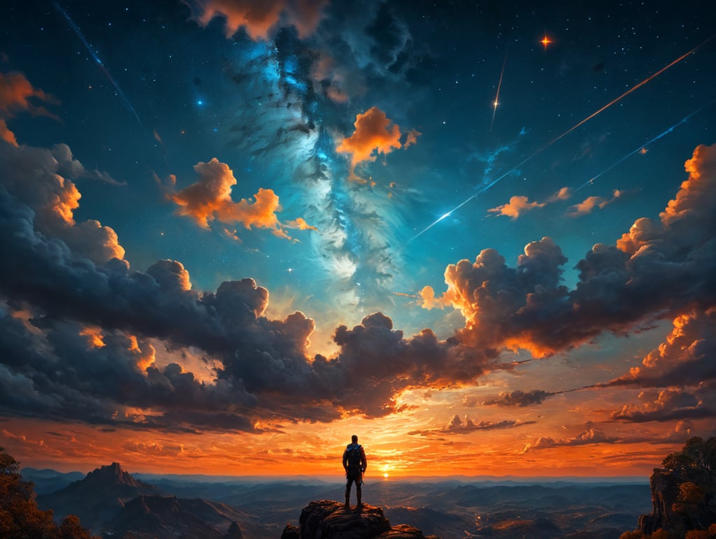 person looking at the magical orange blue sky with stars