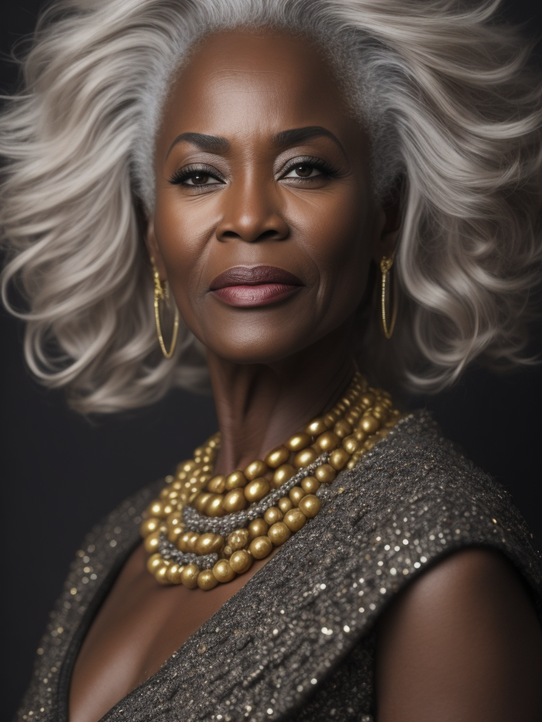 A 50yr old African supermodel with classic Chanel make-up and beautifully styled volume hair, beautiful pores and skin texture, detailed high resolution image, grey hair, Dior makeup, award winning fashion editorial image, soft lighting, gentle expression, she is content with her age