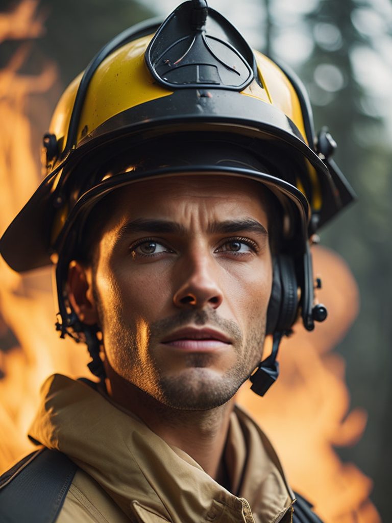 epic portrait of a Firefighter, close-up, forest fire, British Columbia Wildfire, Canada