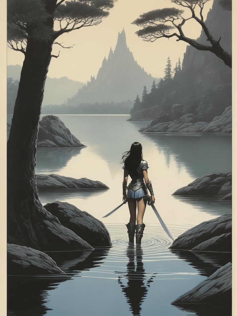 Beautiful revealed girl in lake, minimalist, 1970's dark fantasy book cover paper art, dungeons and dragons style drawing, by larry elmore