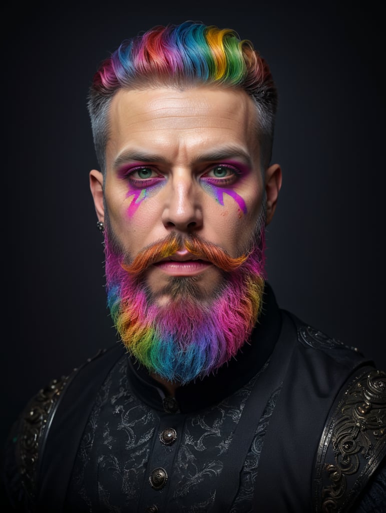 rainbow make up, colorful background, pink beard