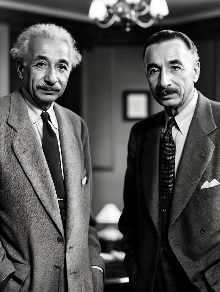 A black and white 1950's photograph of Albert Einstein and Robert Oppenheimer posing together, film photography, 50mm, blurred background.