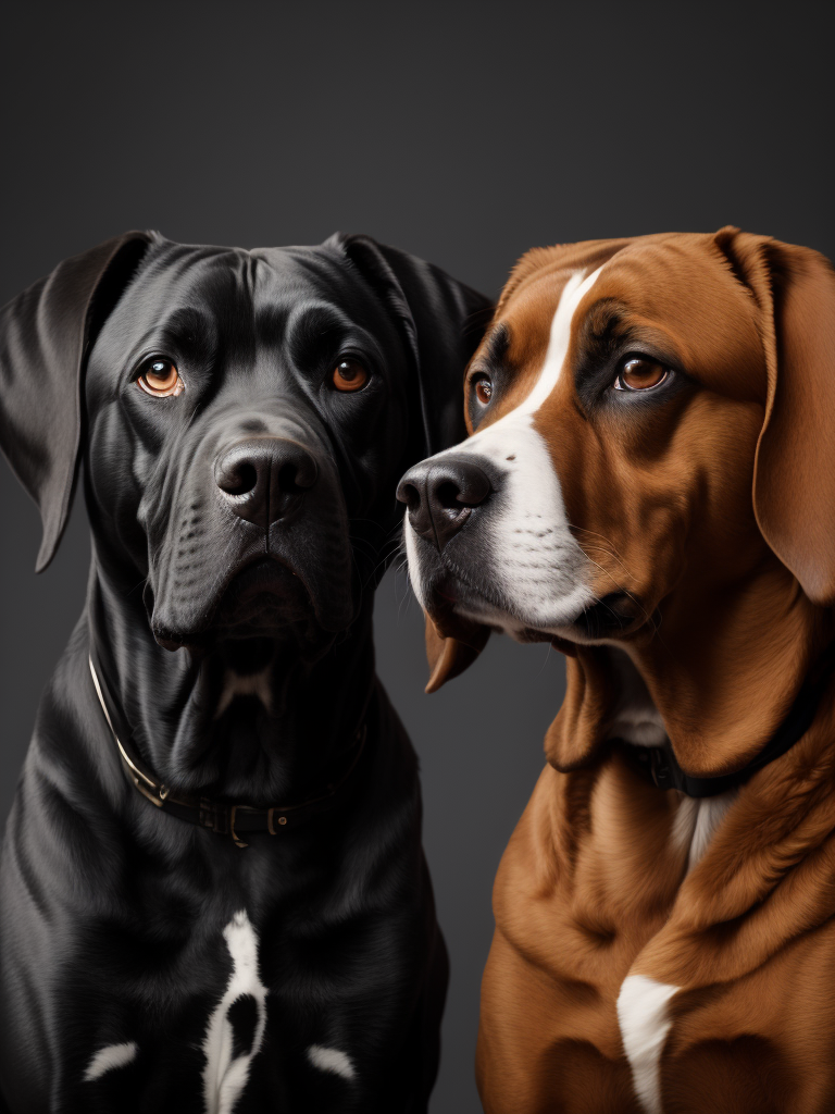 create a portrait of 2 dogs, one is a black cane corso and amstaff mix, the other one is a mix between a setter and a cocker, reddish hair