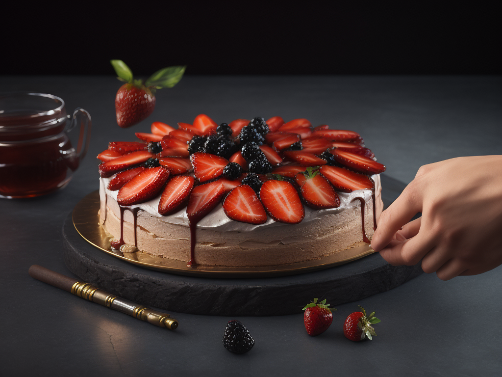 a strawberry and blackberry cake, deep atmosphere, sharp on details