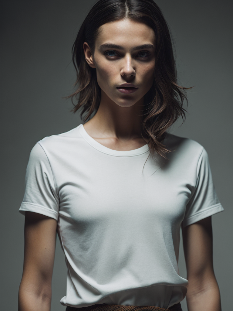 a torso of a man wearing a white t-shirt, front view, grey background