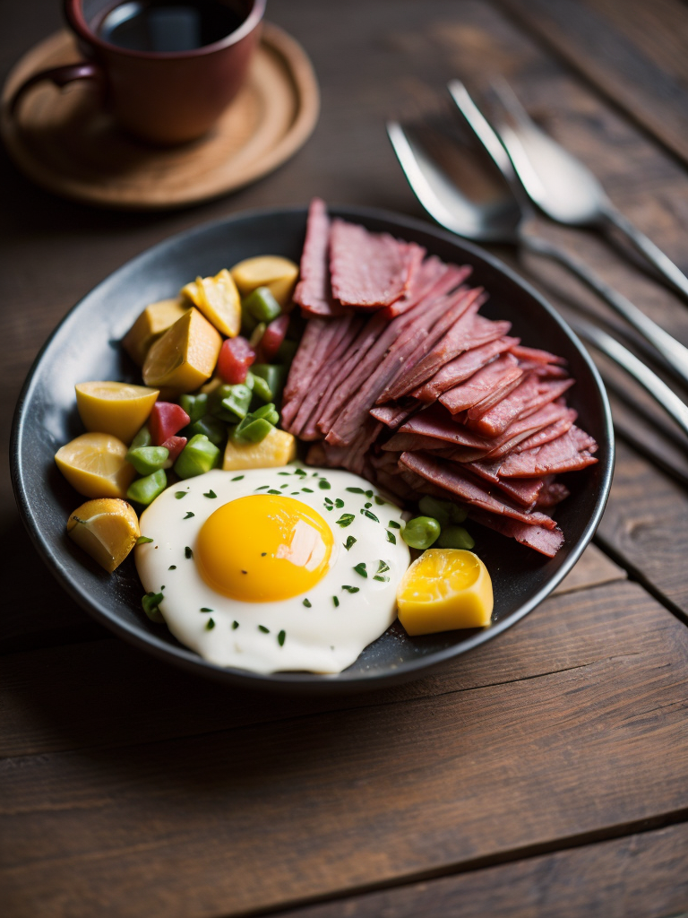 A delectable plate of Corned Beef Hash, with perfectly seared cubes of corned beef, golden-brown diced potatoes, caramelized onions, and colorful bell peppers, topped with a sunny-side-up egg, a sprinkle of fresh chives, and a drizzle of tangy hollandaise sauce, placed on a rustic wooden table, surrounded by vintage cutlery and a steaming cup of coffee, Photography, with a macro lens capturing the rich textures and vibrant colors, --ar 1:1 --v 5