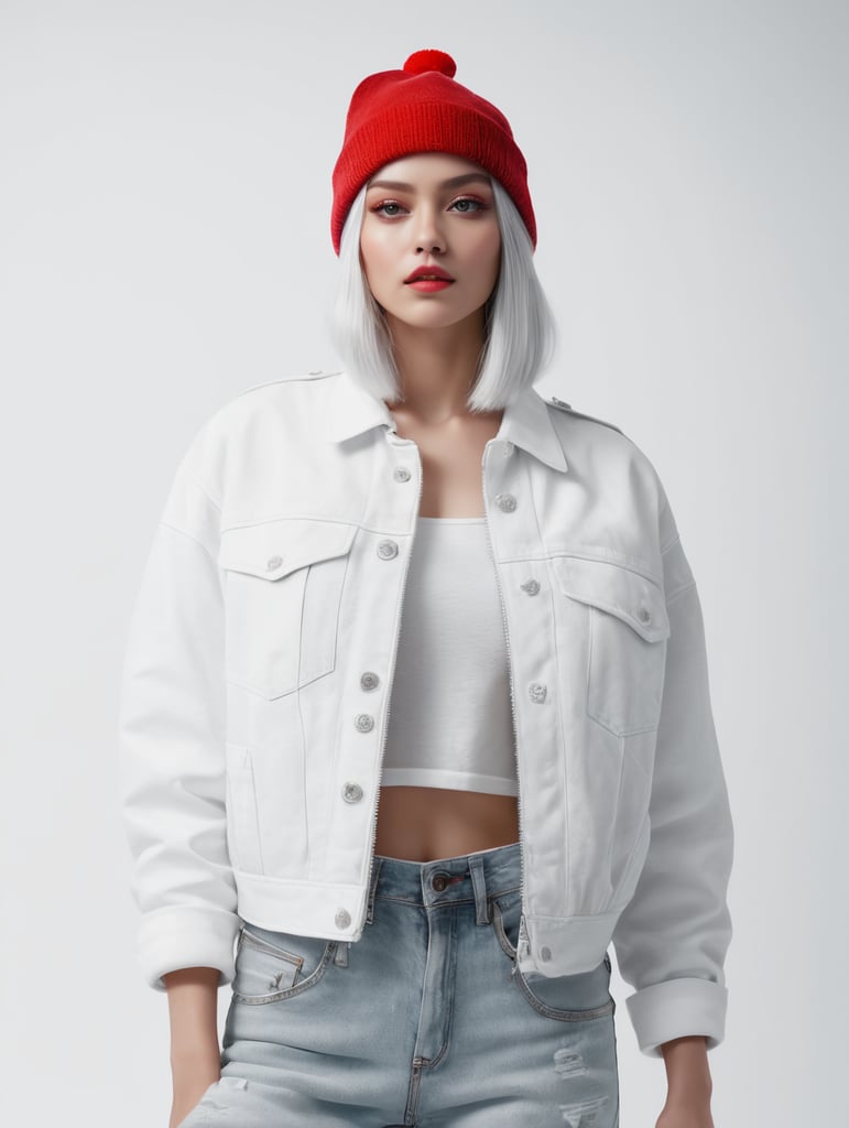 a young women with white hair and red hat on his head is wearing a white lacket, isolated, white background