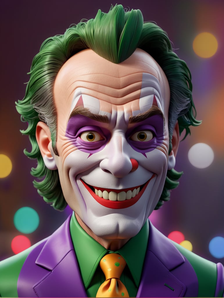Bryan Cranston dressed as the Joker, bright and saturated colors, depth of field