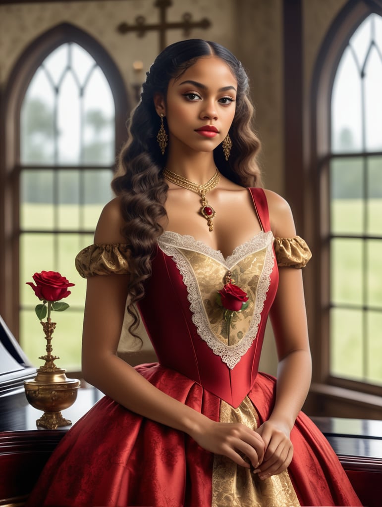 a beautiful and elegant 19 year old mulatto lady, with dark brown hair, Victorian era hairstyle, wearing an elegant gold dress with Victorian era red rose prints, wooden crucifix necklace, standing next to a window, with a dark wooden piano in a luxurious farmhouse living room, in the year 1854, clear facial features , cinematic, 35mm lens, f 1.8, accent lighting, global illumination - illuminated - v 4