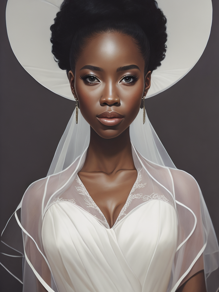 Portrait of a beautiful african american woman wearing a white wedding dress, by tran nguyen