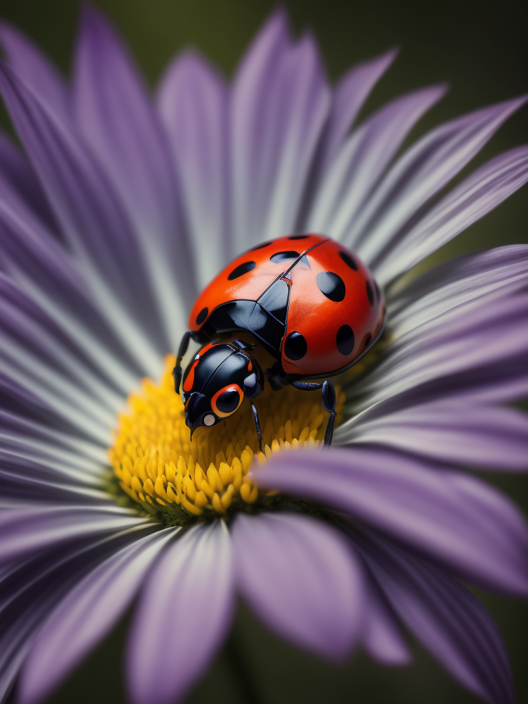 ladybug macro photography, close-up, vibrant colors, professional shot, blurred background, floral arrangement background