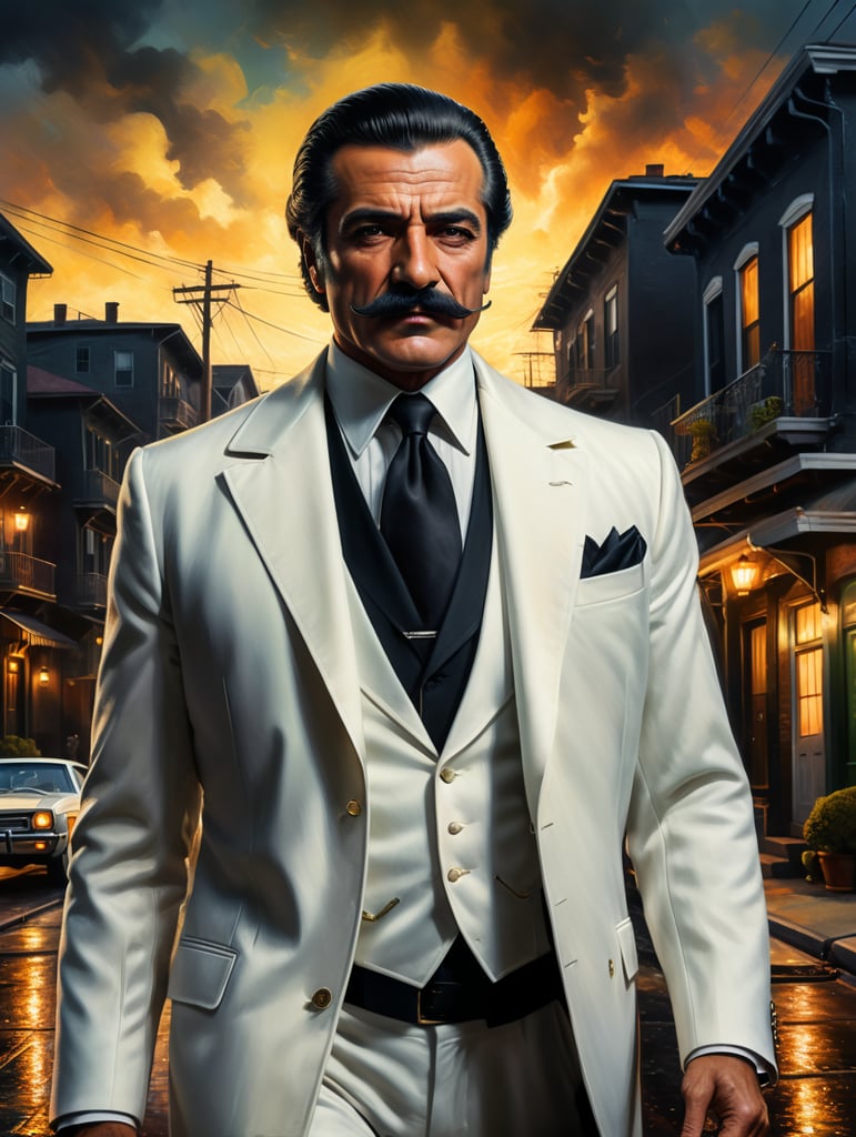 Portrait of an Italian mafioso from the 1970s, in a white suit with a black coat draped over his shoulders, a face with regular features, the Sicilian face of a 50-year-old mafioso with a neat black mustache in a white hat. In the background is the background of old American neighborhoods, highly detailed. Dramatic light. Correct features, front portrait photo.
