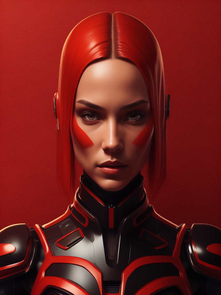 Portrait of an android girl made of red glossy material, sharp highlights, red background, Vivid saturated colors, Contrast color