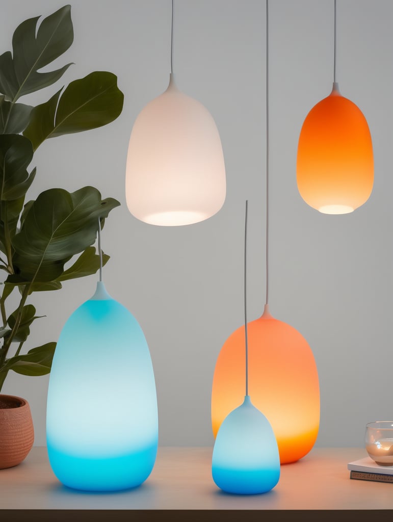 A contemporary minimalist semi-translucent silicone lamp with vibrant cyan blue and orange gradient colors as if designed by hi studio.