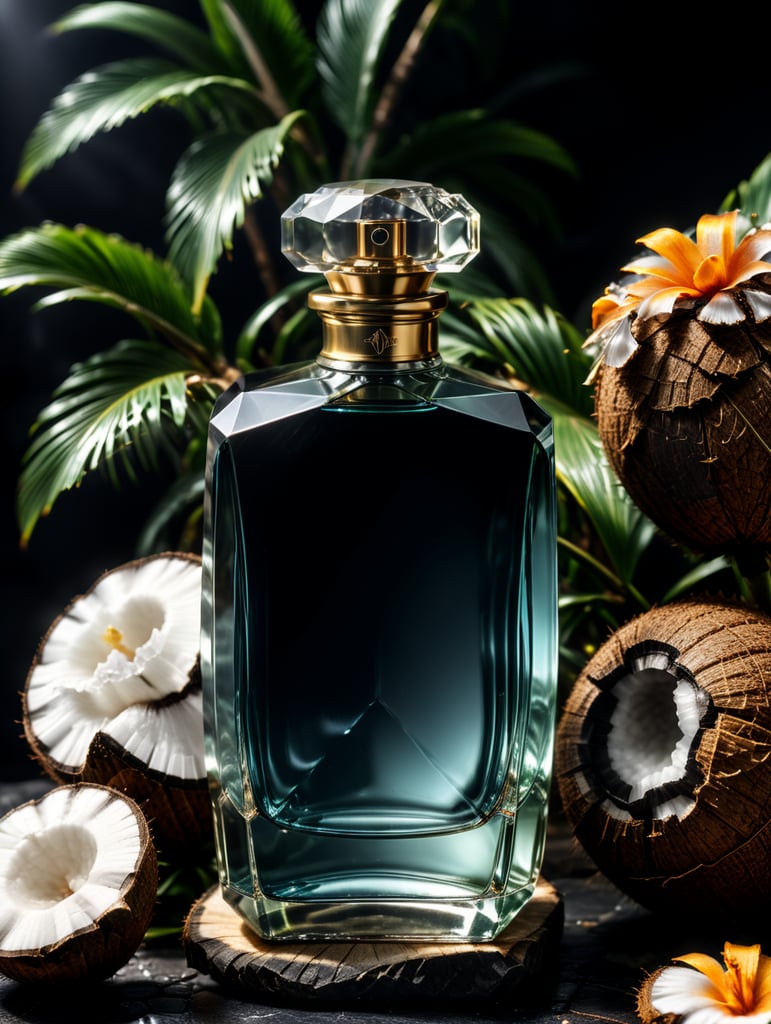 professional photography of a luxury perfume, square bottle, faceted stone in the form of a cap, surrounding a coconut, no label, clear, mockup