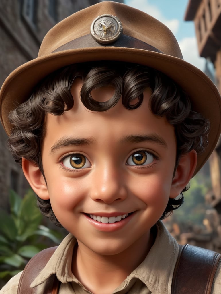 um jovem aventureiro semelhante a Indiana Jones, pessoa criativa e de bom coração, com cabelos pretos encaracolados, olhos grandes, nariz pequeno e uma boca sorridente, centralizado em estilo 3D, renderizado usando uma bela animação da Disney, estilo Pixar, Disney estilo, estilo 3D